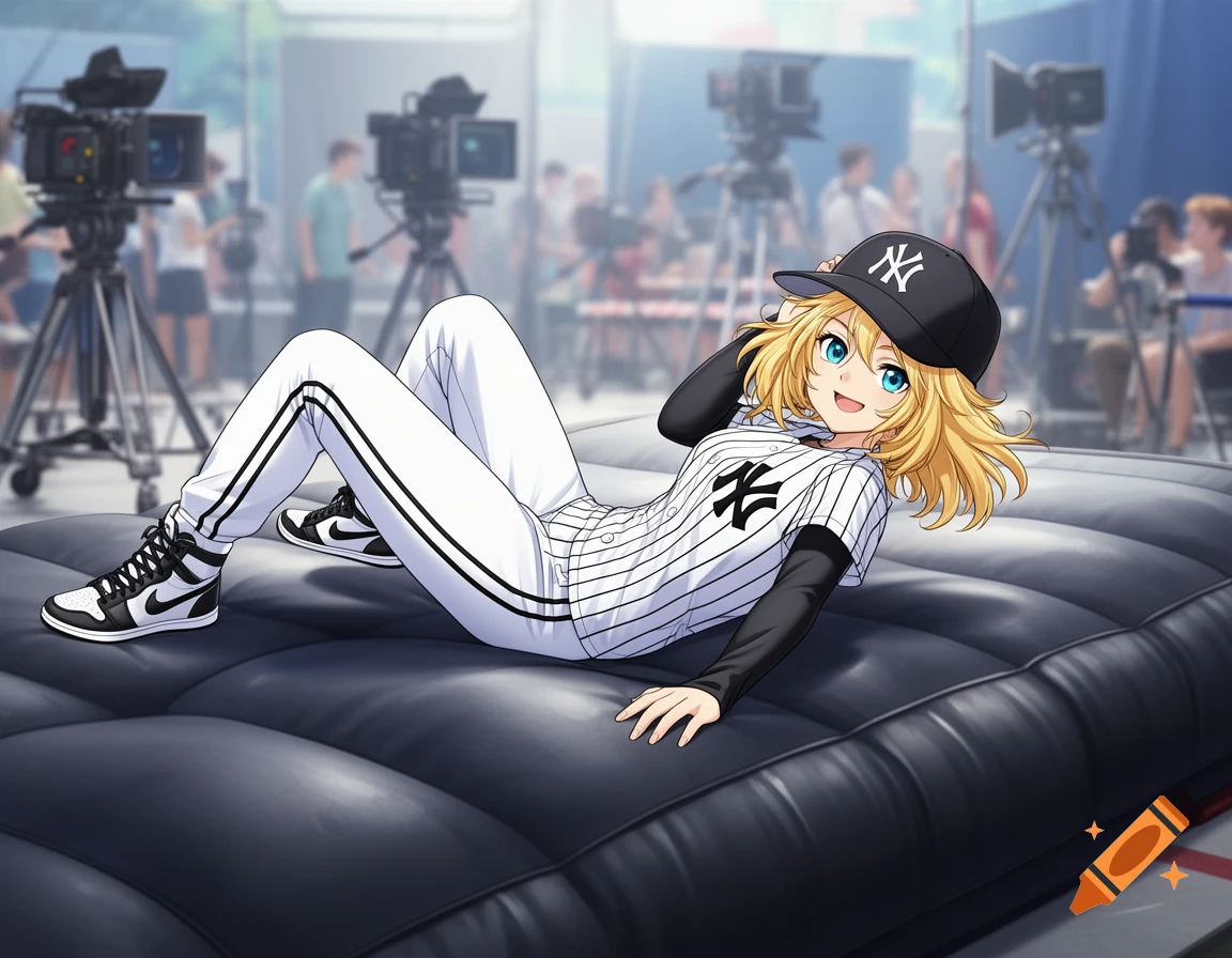 An anime blonde woman in a New York Yankees baseball uniform with a black cap and white striped jersey, black sleeves, and white striped pants, lies on her back on a black inflatable stunt mat on a movie set with camera equipment in the blurred background.