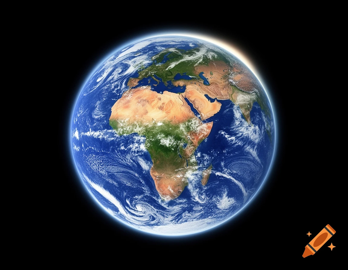A photorealistic view of Earth from space, showing continents, oceans, and clouds, with a bright sun glare on the horizon.