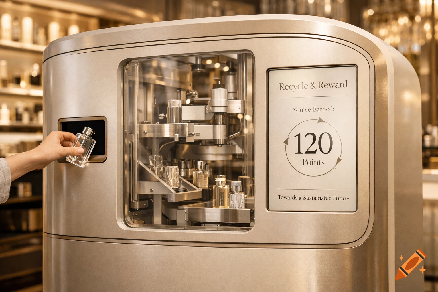 A hand inserts an empty perfume bottle into a sleek, modern recycling kiosk displaying '120 Points' on its screen. Photorealistic.