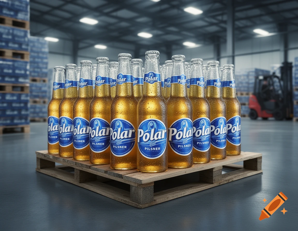 Bottles of Polar Pilsner beer covered in condensation, arranged on a wooden pallet in a warehouse.