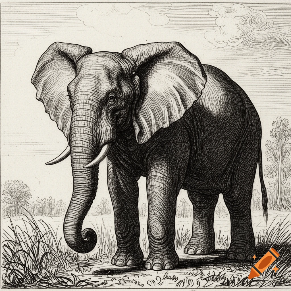 Black and white 1800s etching sketch of a large elephant standing in a grassy landscape.