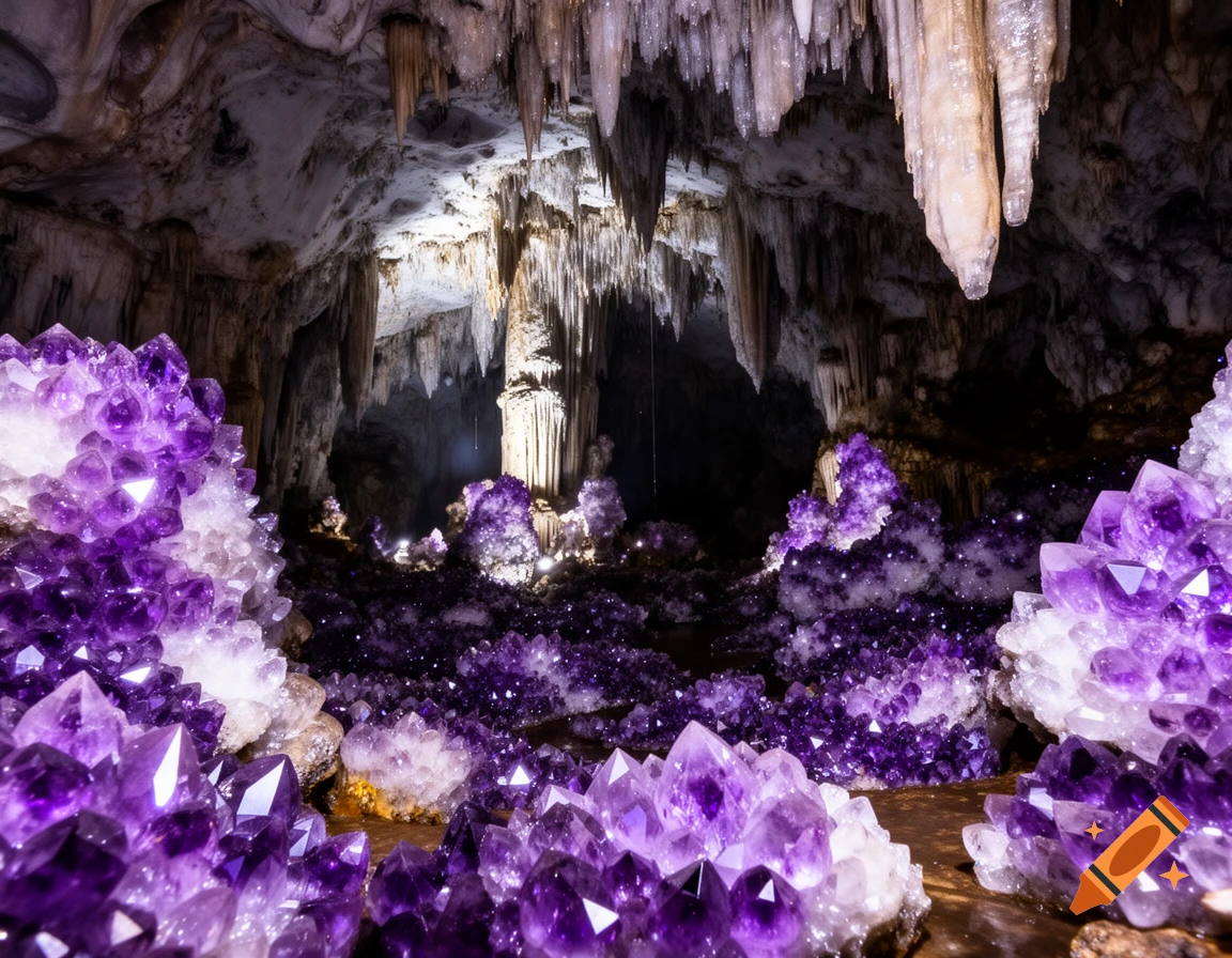 A vast dark cave illuminated by sparkling purple amethyst crystals and white mineral formations covering the floor and hanging from the ceiling.