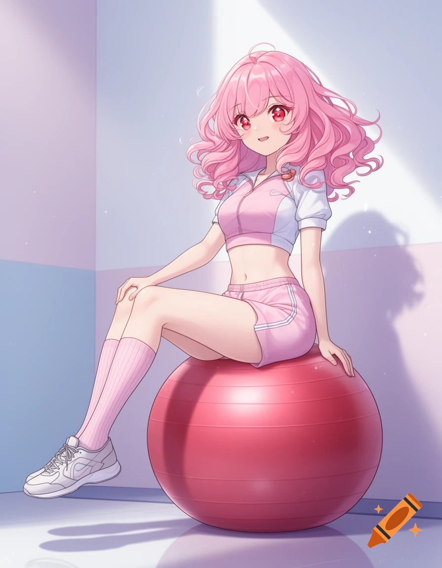 Anime girl with pink hair and red eyes, wearing a pink athletic top and shorts, sitting on a red yoga ball in a bright room.