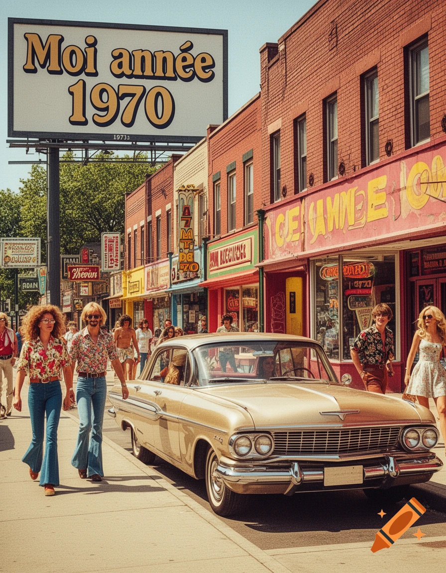 A vibrant 1970s street scene with people in retro fashion walking past a gold vintage car and colorful storefronts, under a billboard that reads "Moi année 1970".
