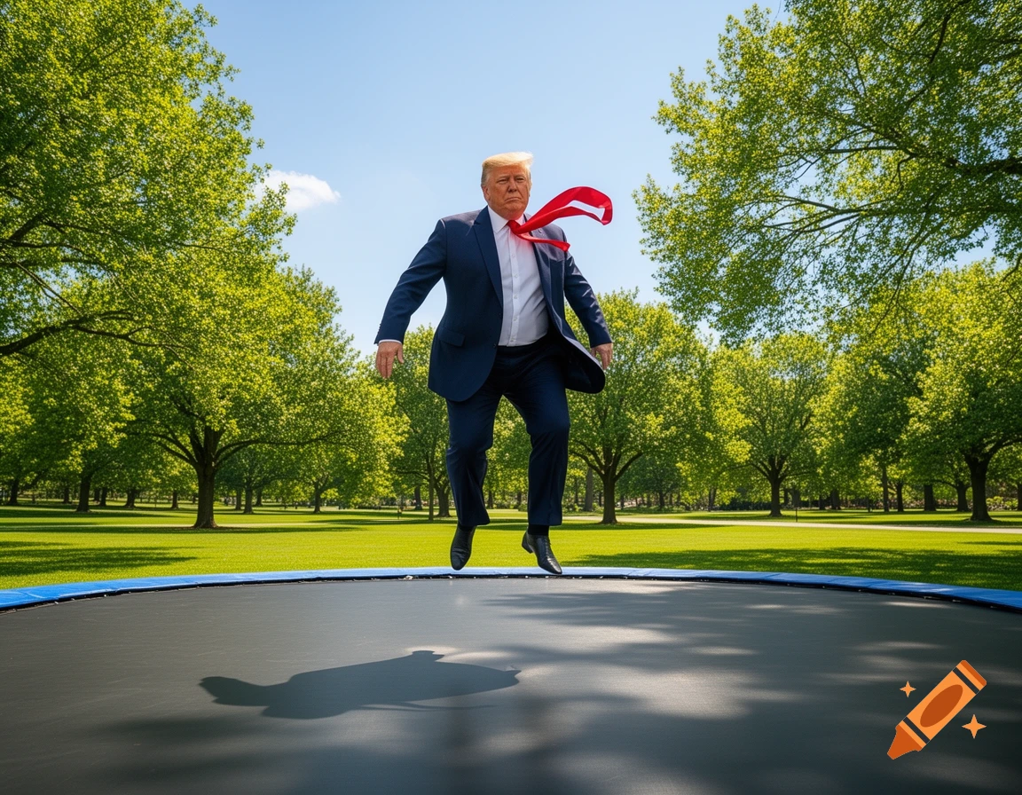 Donald Trump, in a suit and red tie, jumps high on a trampoline in a sunlit green park with trees.