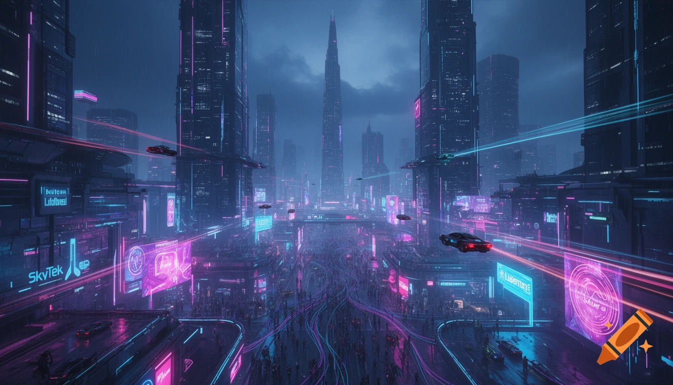A vibrant, detailed panoramic view of a futuristic cyberpunk city at ...