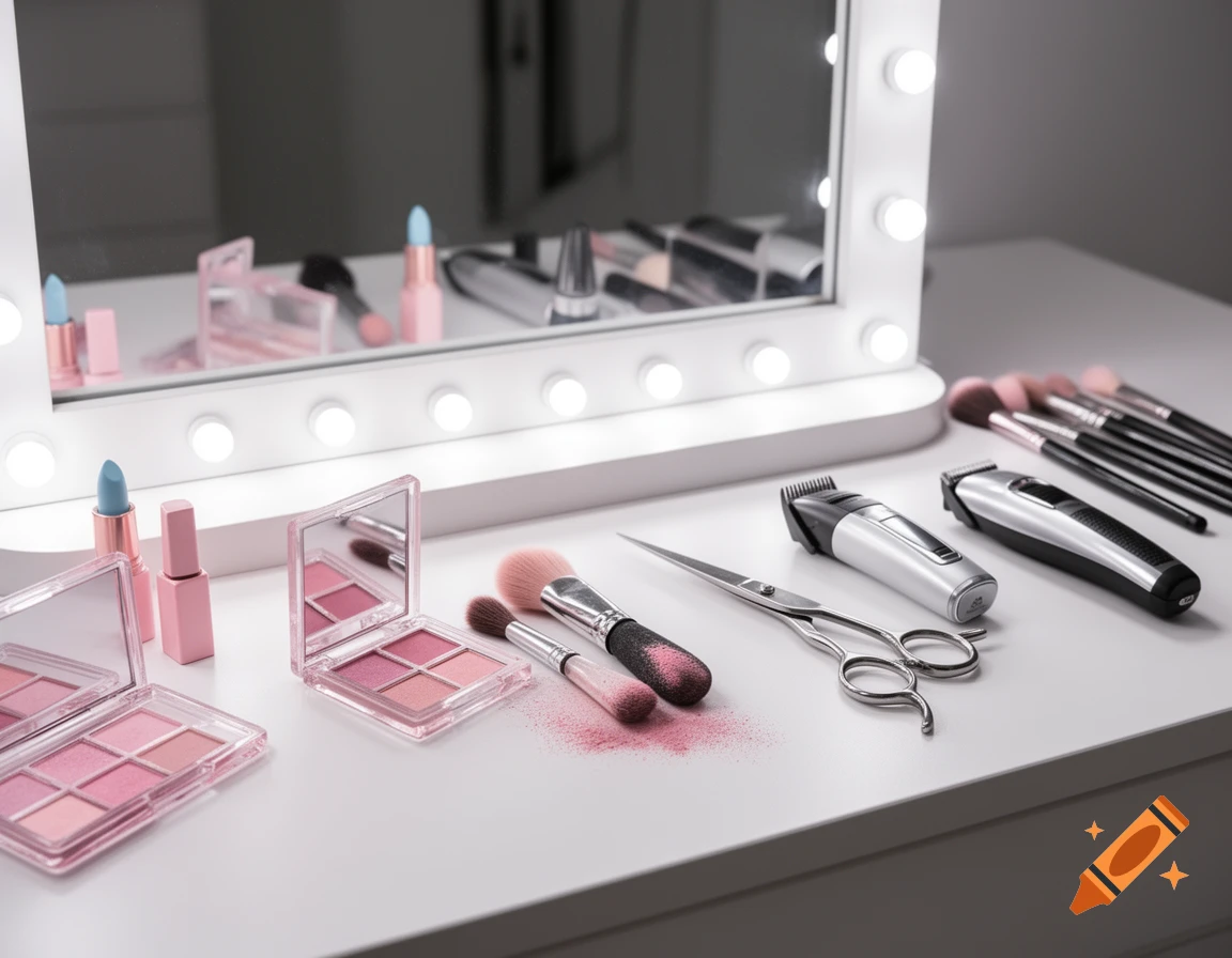 Photorealistic image of pink and light blue makeup, grooming tools, and a lighted vanity mirror on a white table.