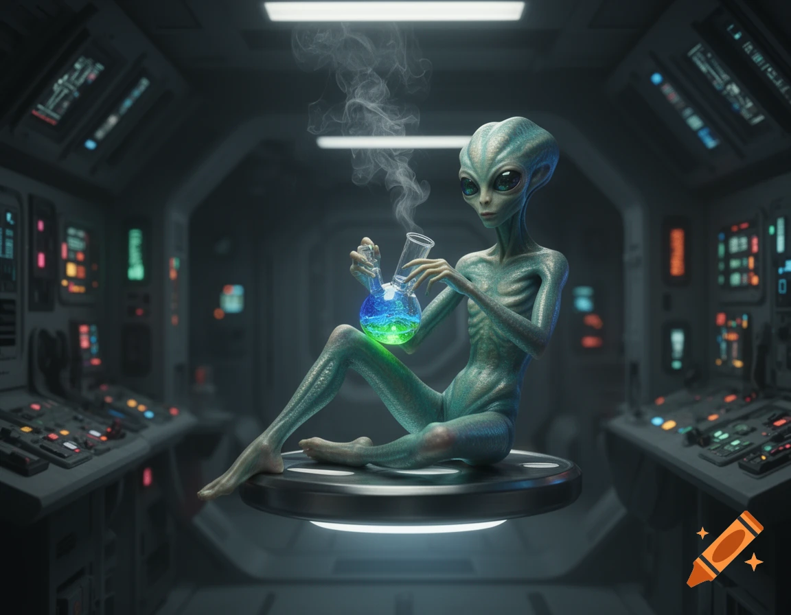 An alien sits on a platform in a futuristic spaceship cockpit, holding a glowing blue and green bong with smoke rising from it.