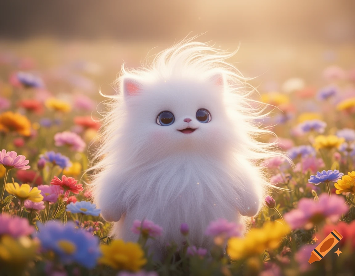 A fluffy white creature with big blue eyes stands smiling in a vibrant field of colorful wildflowers, rendered in a macro photography style.