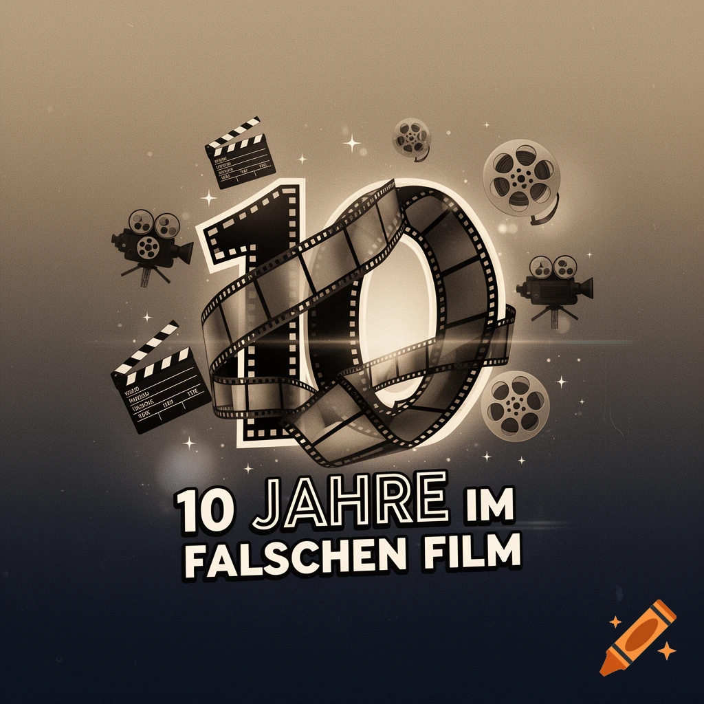 A graphic design with a film strip forming the number '10', surrounded by film cameras, clapperboards, and reels. Text: '10 JAHRE IM FALSCHEN FILM'.