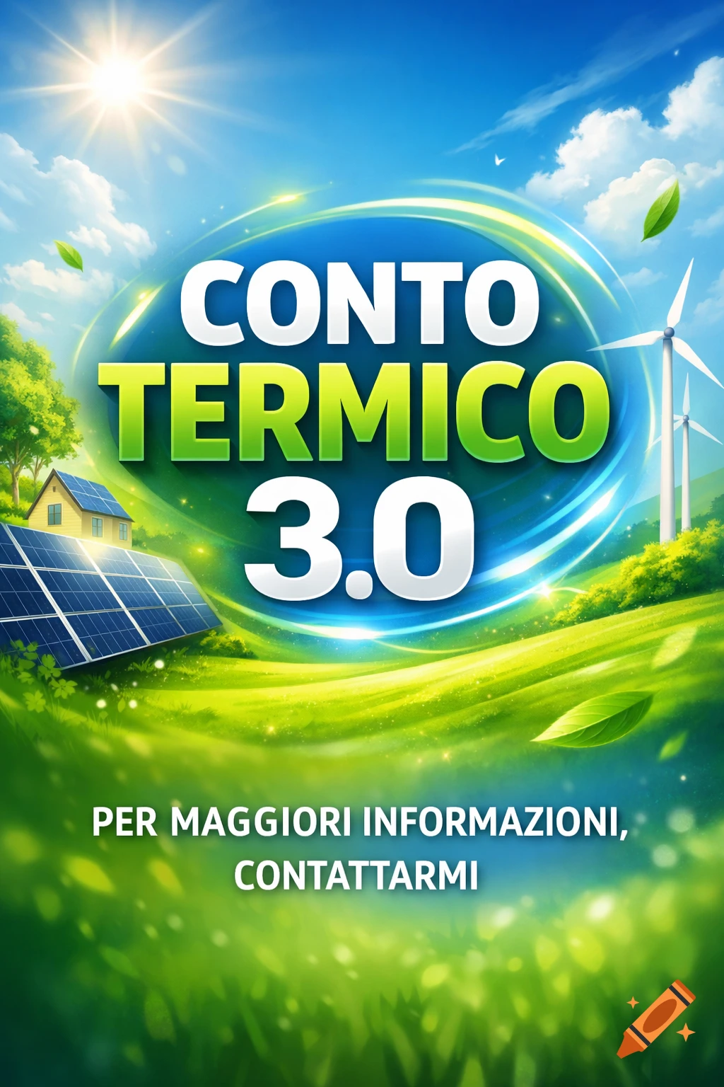 Vibrant illustration of a green landscape with solar panels, a house, wind turbines, and text 'CONTO TERMICO 3.0' for energy information.