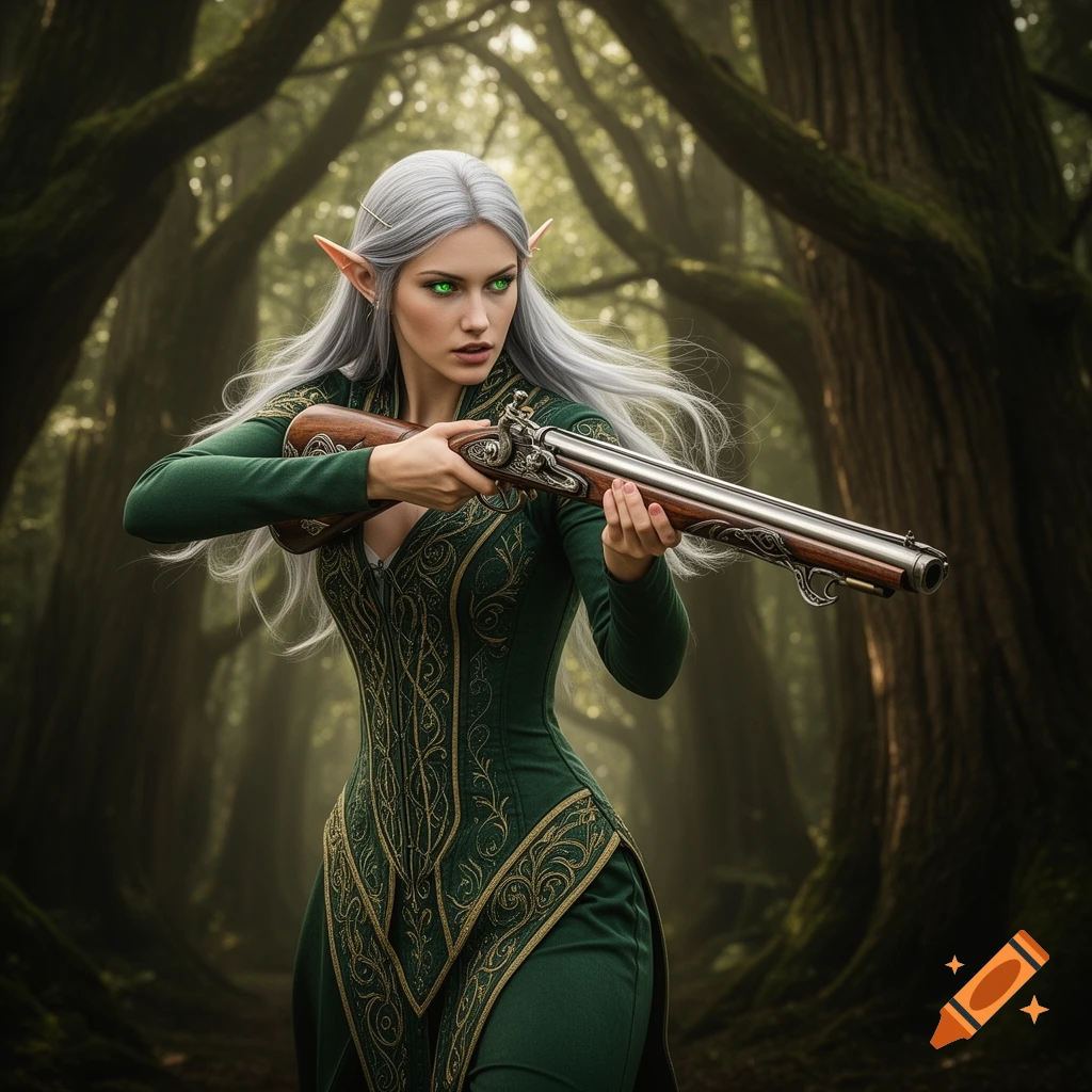 A female elf with long silver hair and glowing green eyes, dressed in an ornate green and gold tunic, holds a large rifle in a mystical forest.