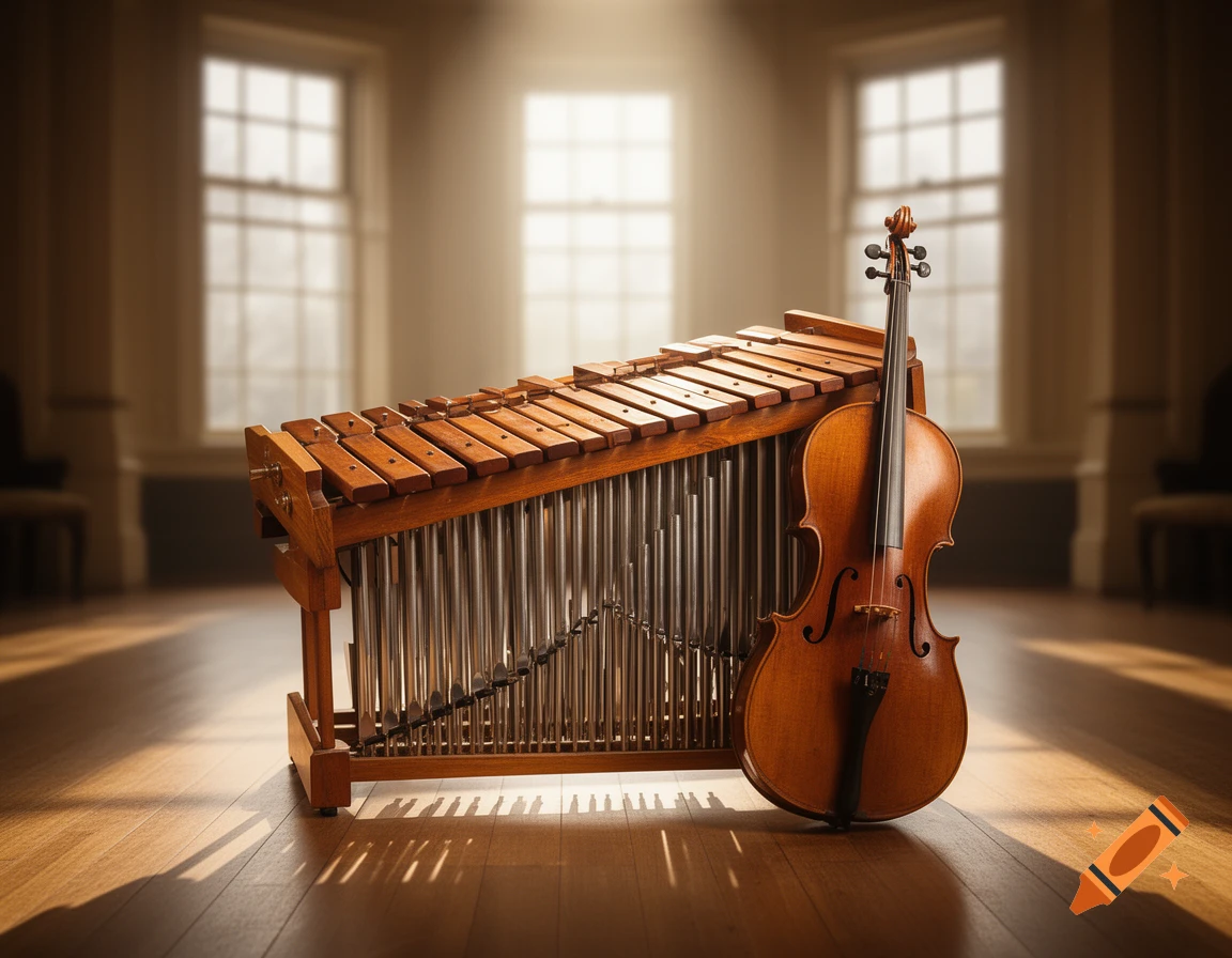 A cello leans against a large xylophone in a sunlit room with prominent windows in the background.