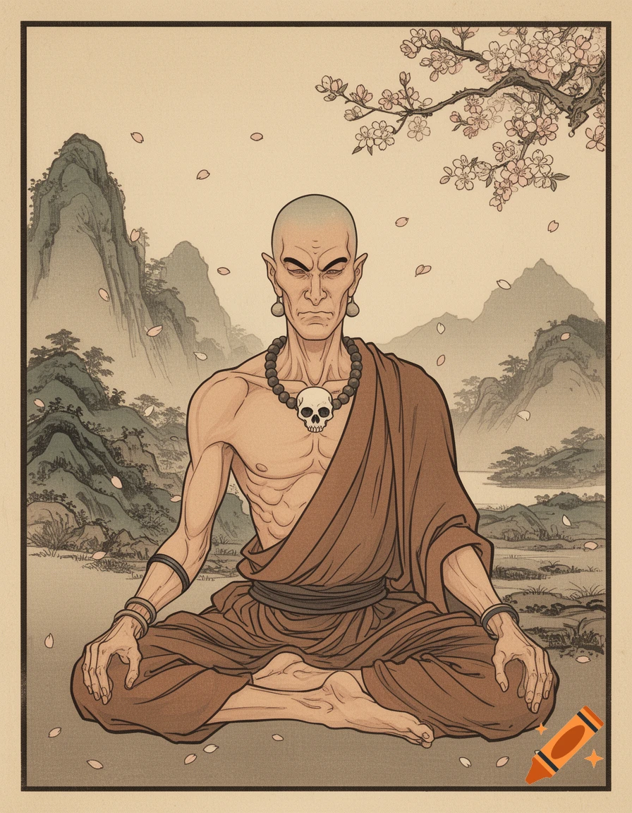 A bald, meditating monk figure (Dhalsim) in traditional Japanese Ukiyo-e style, with mountains, a lake, and cherry blossoms.