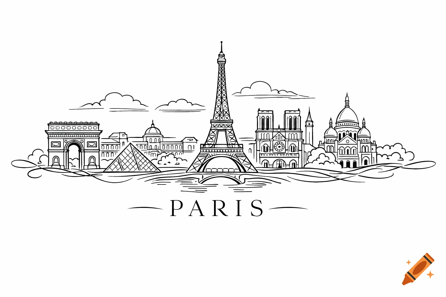 Line art drawing of the Paris skyline with the Eiffel Tower, Arc de Triomphe, Louvre, Notre Dame, and Sacré-Cœur, and "PARIS" text.