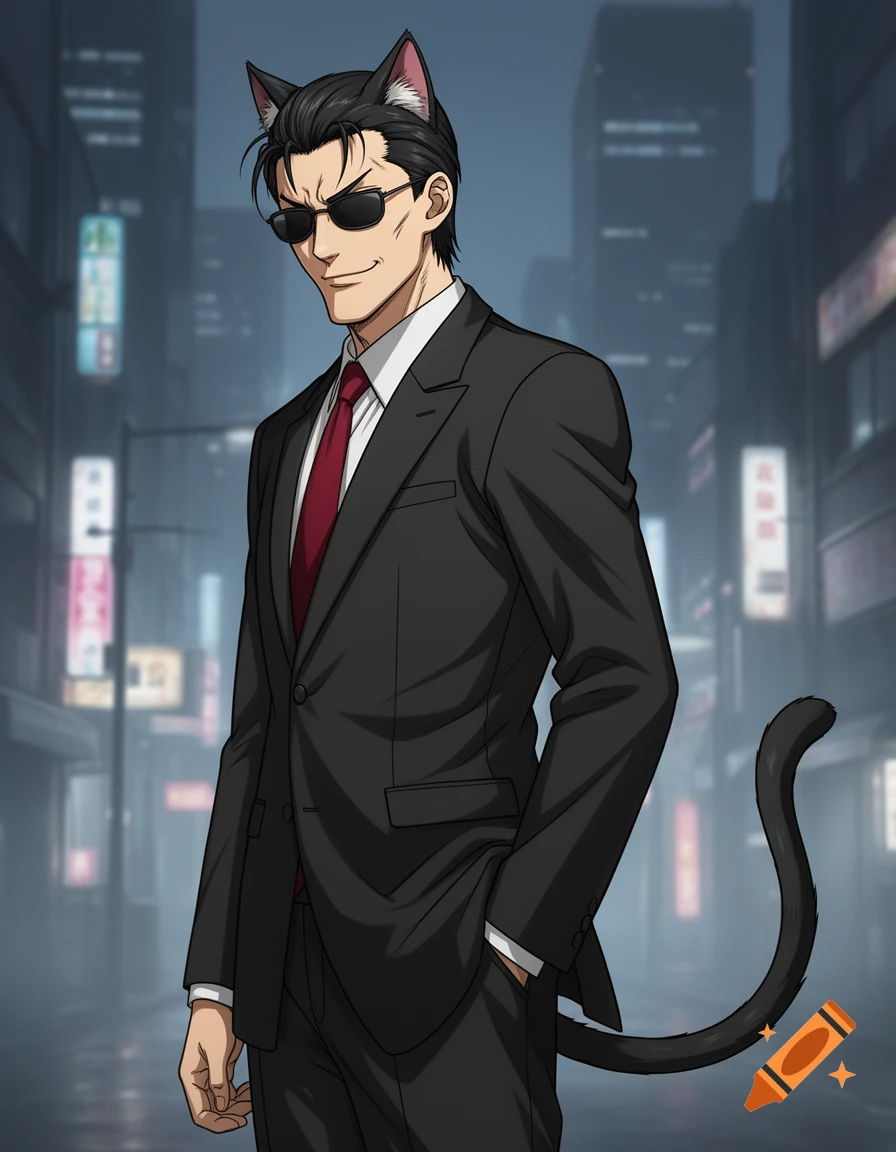 Anime-style man with black cat ears and tail, wearing a black suit, red tie, and sunglasses, standing in a blurry city street at night.