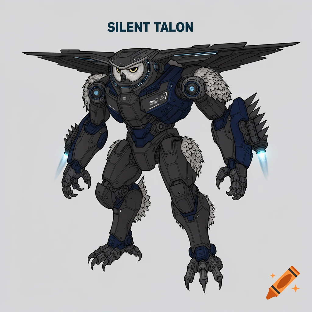 A dark charcoal, navy blue, and grey owl-inspired robot mech with feathered armor, glowing yellow eyes, sharp talons, and thrusters.