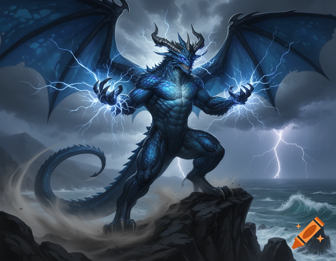 A blue, muscular dragon with large wings stands on a rocky cliff ...
