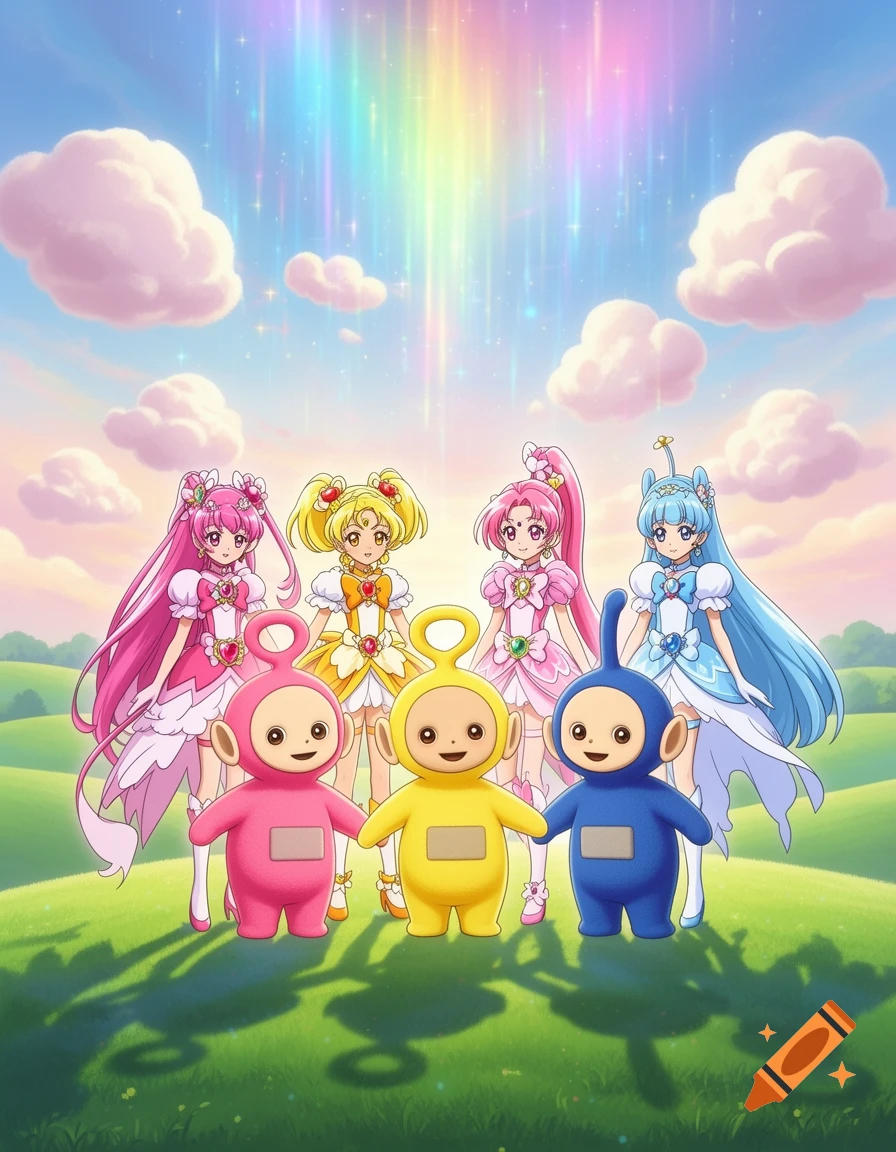 Four anime magical girls and three Teletubbies stand in a grassy field under a sky with rainbow light.