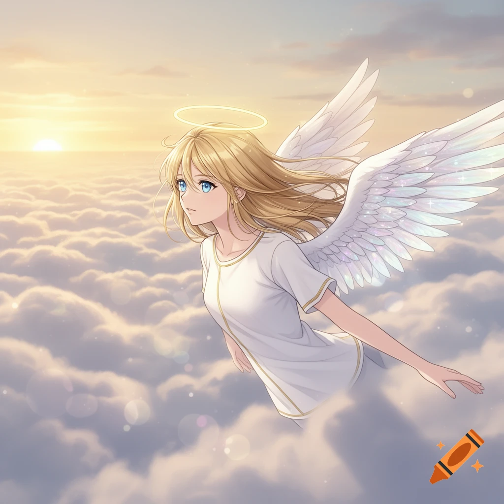 An anime-style angel with blonde hair and blue eyes, wearing a white shirt with gold trim and a halo, flies through white clouds at sunrise.