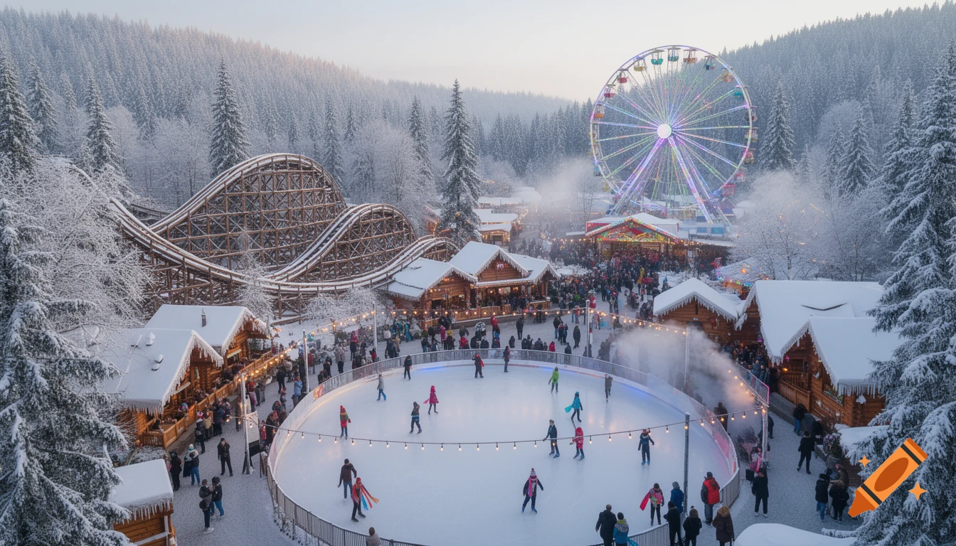 Aerial view of a bustling winter wonderland amusement park with an ice rink, Ferris wheel, roller coaster, and snow-covered cabins.