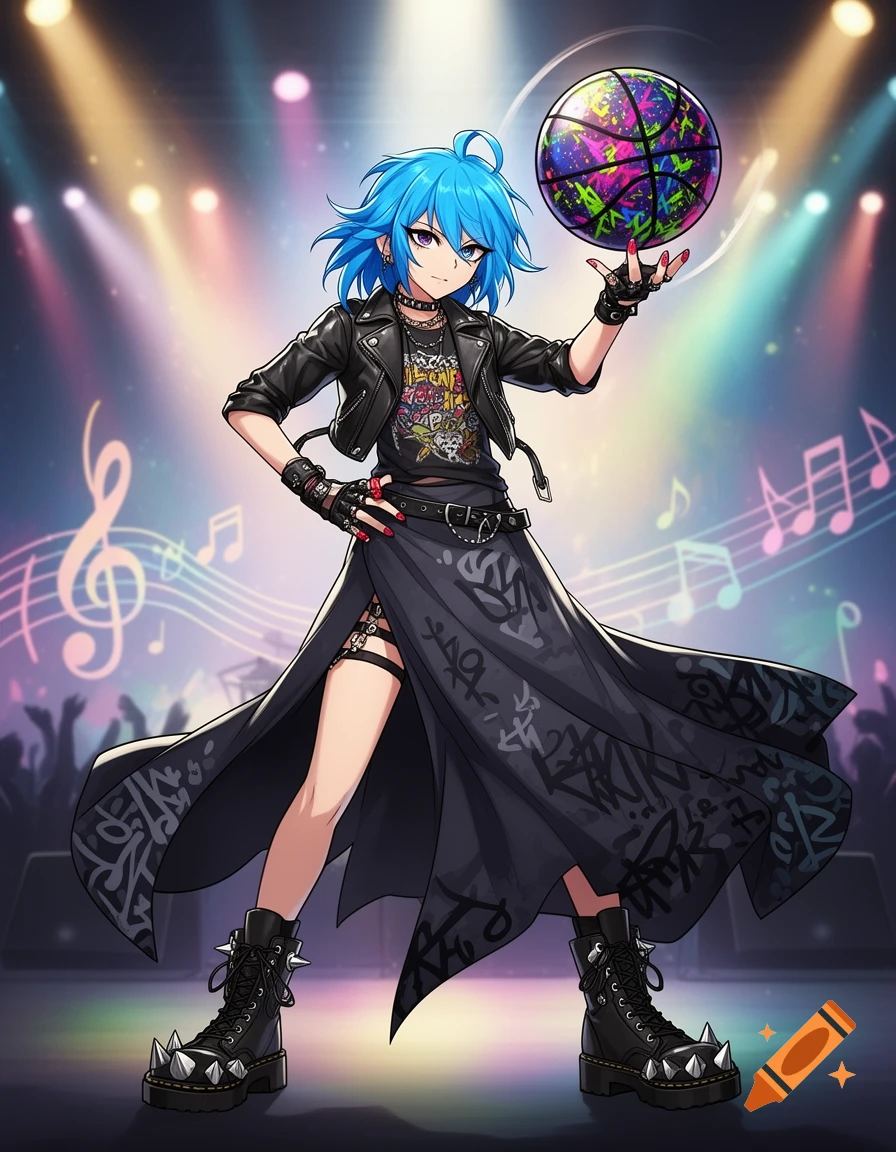 Anime girl with blue hair in an alternative rock outfit, black leather jacket, long skirt, and spiked boots, spinning a neon basketball on her finger on a stage.
