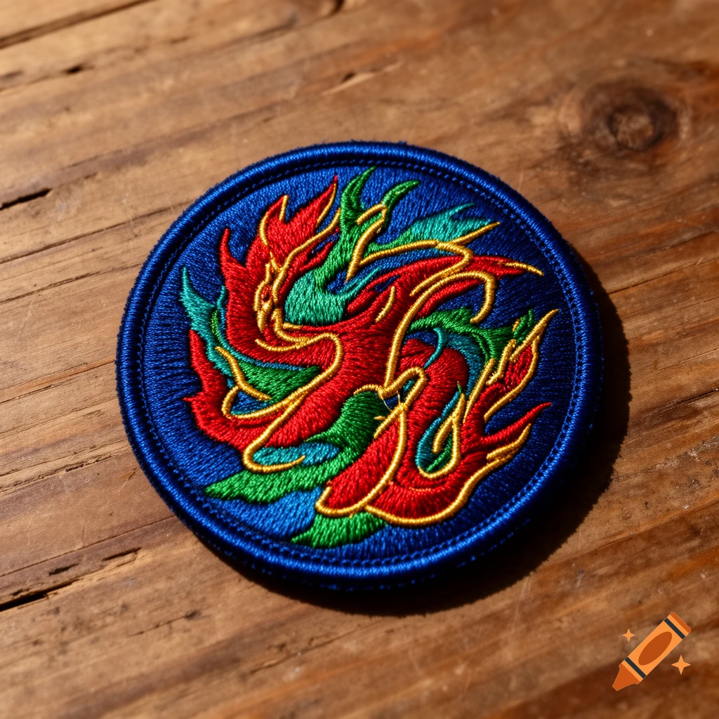 A circular embroidered patch featuring a swirling abstract design in red, green, blue, and gold, resting on a wooden surface.
