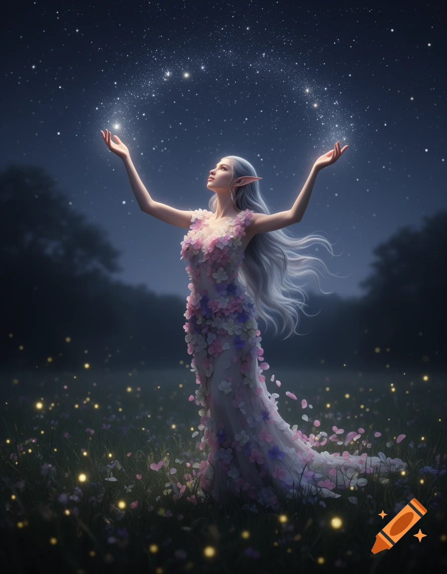 An elven woman in a flower petal dress reaches up to a starry night sky in a magical, photorealistic scene.
