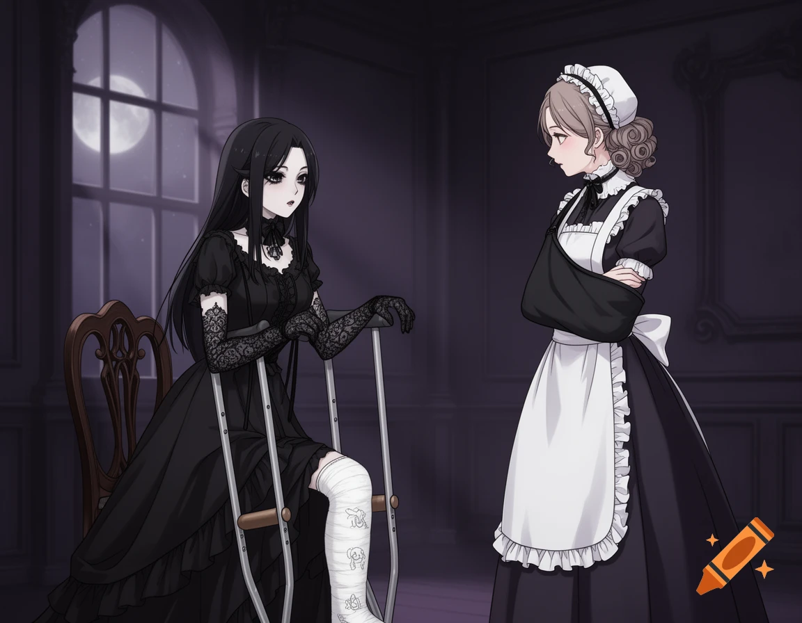 An anime goth girl on crutches with a leg cast talks to a maid with an arm in a sling in a dimly lit room with a moonlit window.