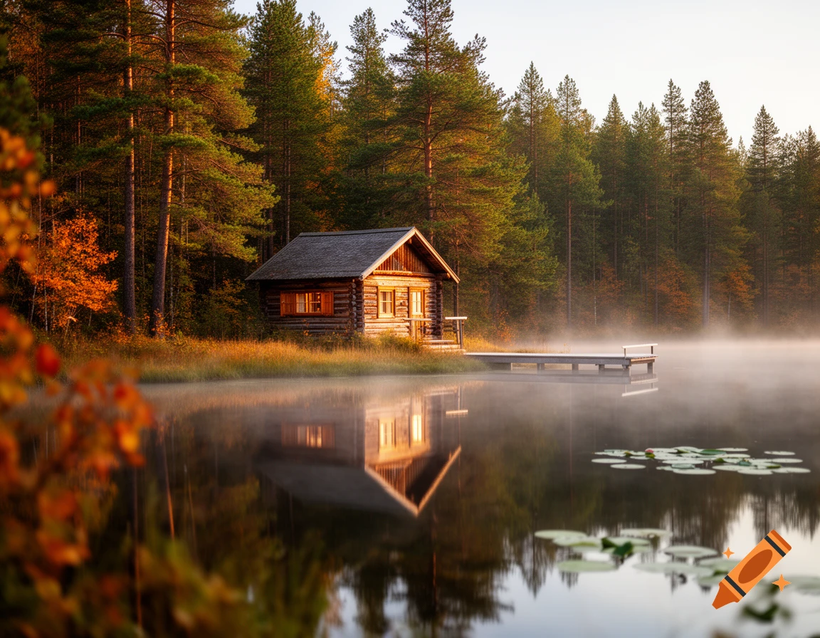 A rustic log cabin at the edge of a misty lake, surrounded by a pine forest with autumn foliage, reflecting in the water.