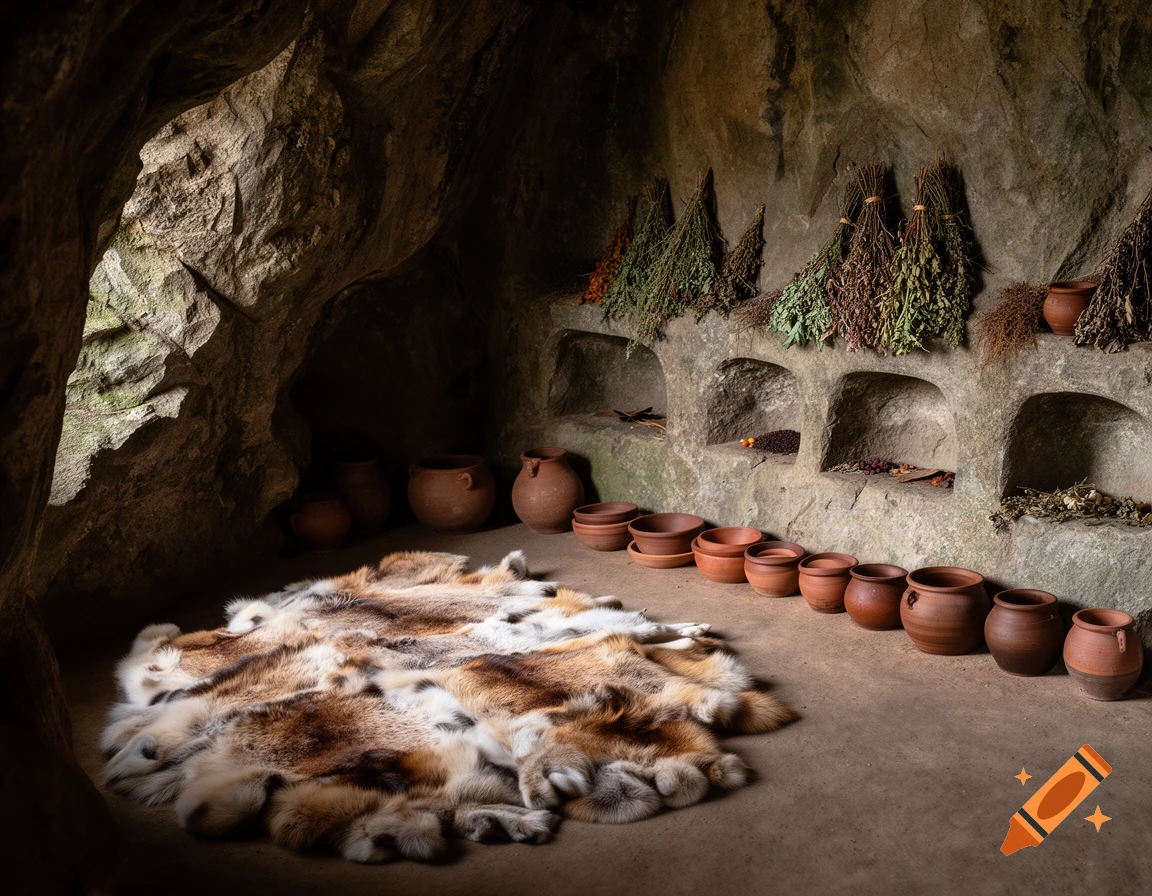 A cozy cave interior with a fur rug on the floor, clay pots lined against the wall, and dried herbs on natural rock shelves.