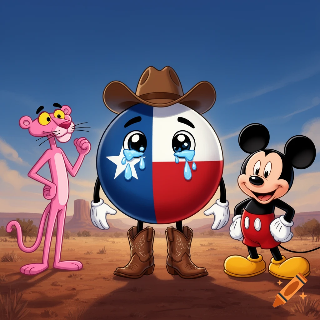 The Pink Panther and Mickey Mouse stand beside a crying Texas countryball wearing a cowboy hat and boots in a cartoon desert landscape.