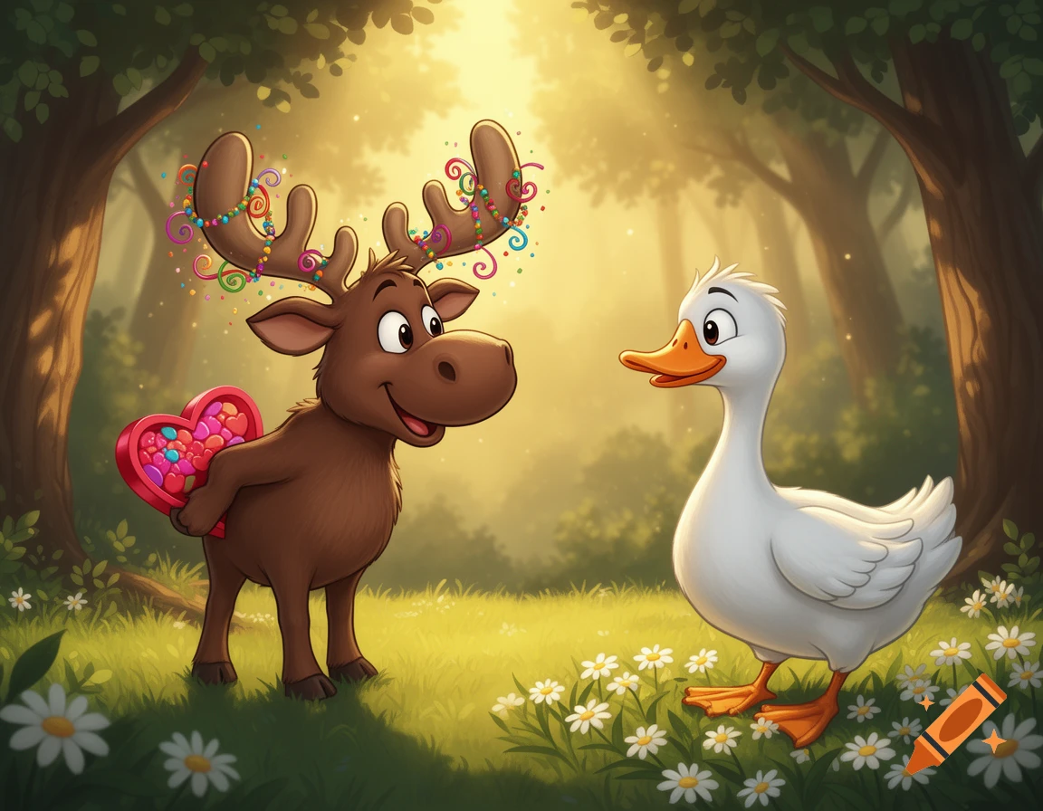 A cartoon moose with decorated antlers hides a heart-shaped candy box behind its back, looking at a white goose in a sunny forest clearing with daisies.