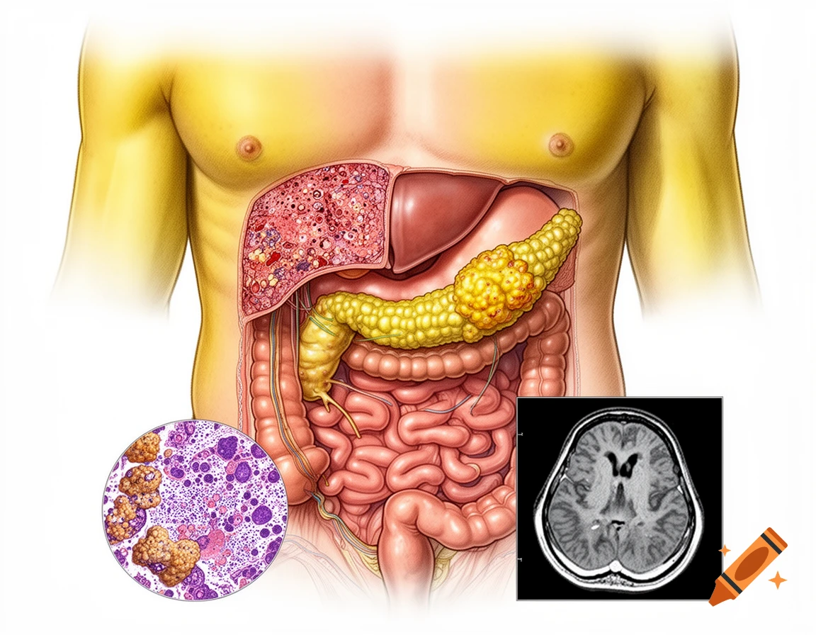 Medical illustration of human torso with pancreas head carcinoma, showing affected organs, histopathology, and brain MRI.
