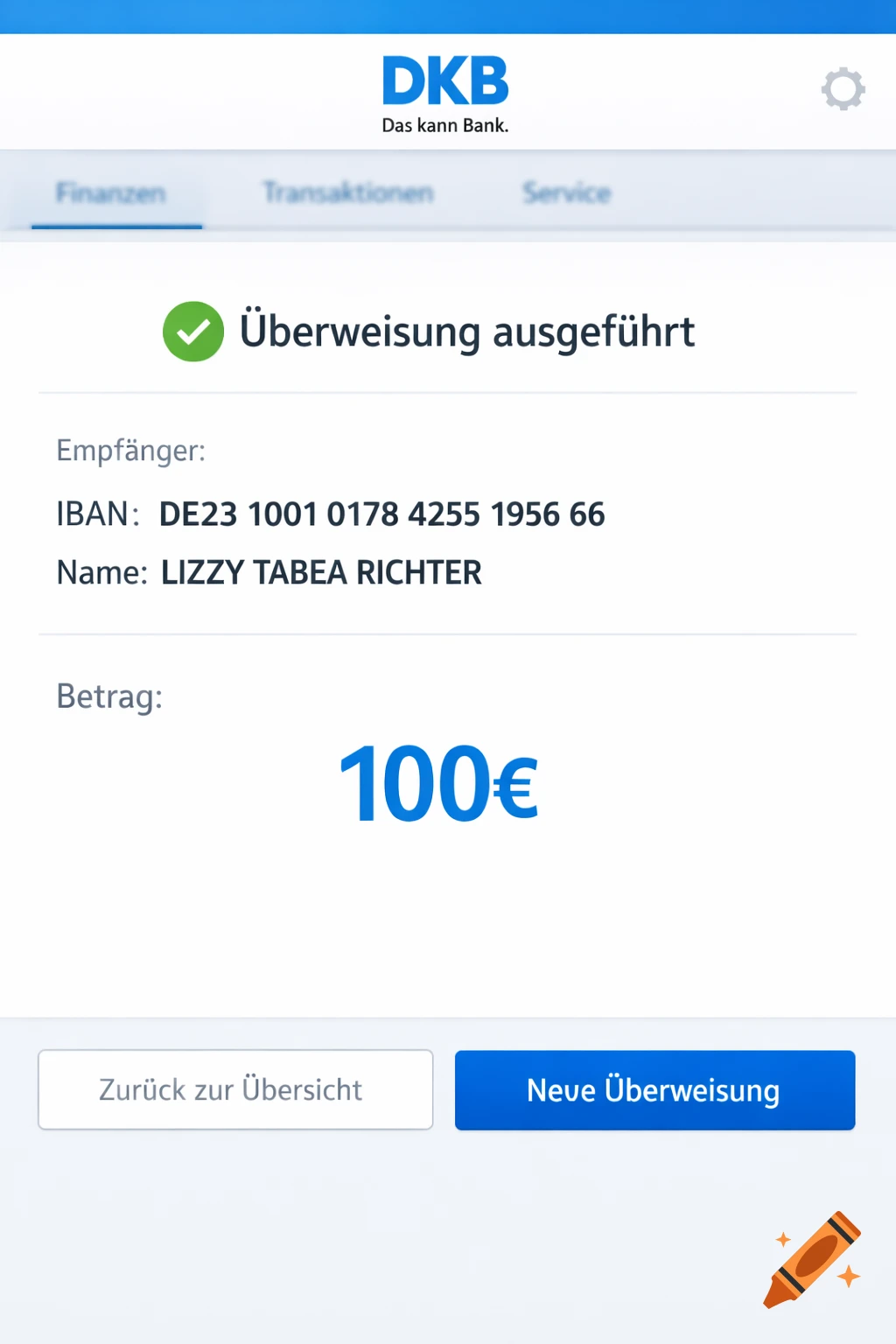 A screenshot of a DKB banking app showing a successful transfer of 100 euros to Lizzy Tabea Richter.