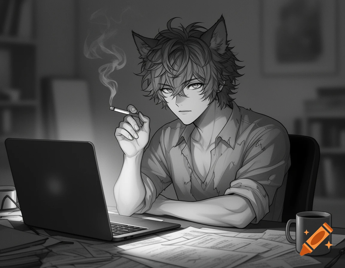 A black and white manga-style anime catboy sits at a desk, looking at a laptop while smoking a cigarette.