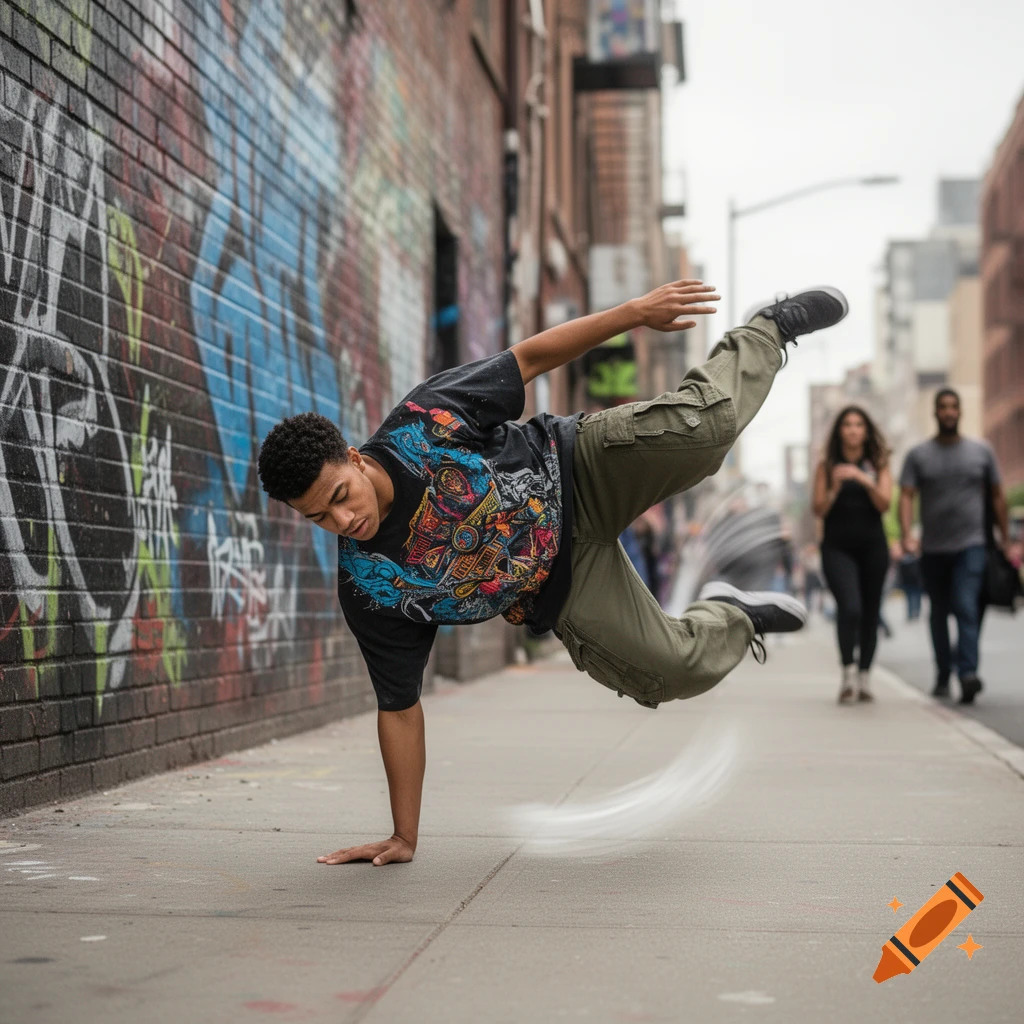 A young man breakdancing on a city sidewalk next to a graffiti-covered brick wall, with people walking in the blurred background.