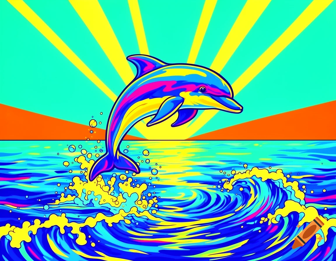 A vibrant pop art illustration of a dolphin leaping from blue and yellow waves into an orange and teal sky with sun rays.