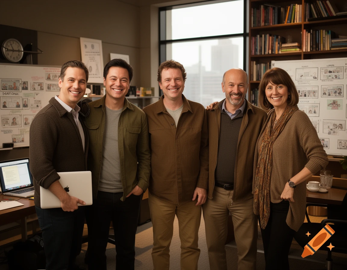 Five smiling adults, three men and two women, stand in an office with whiteboards and bookshelves behind them, looking at the camera.
