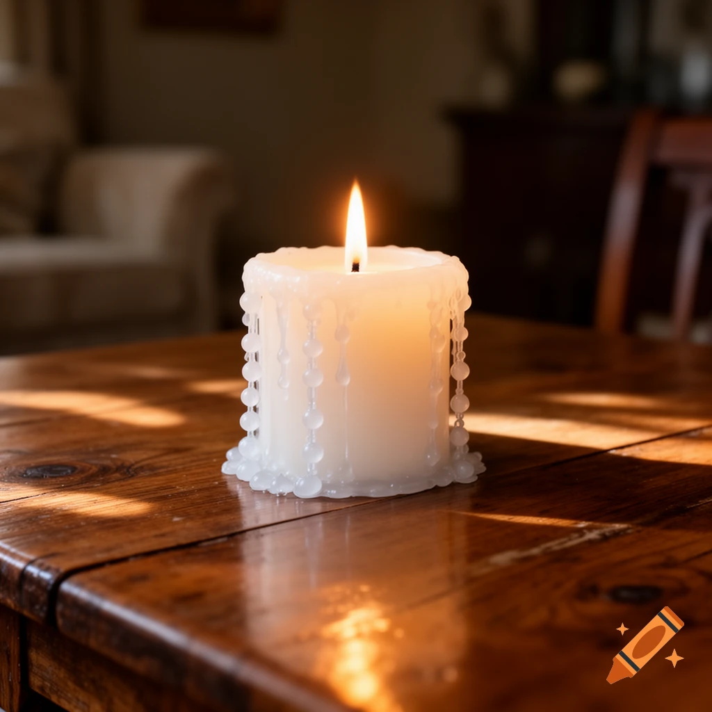 A lit white candle with decorative melted wax drips sits on a sun-dappled wooden table in a home.