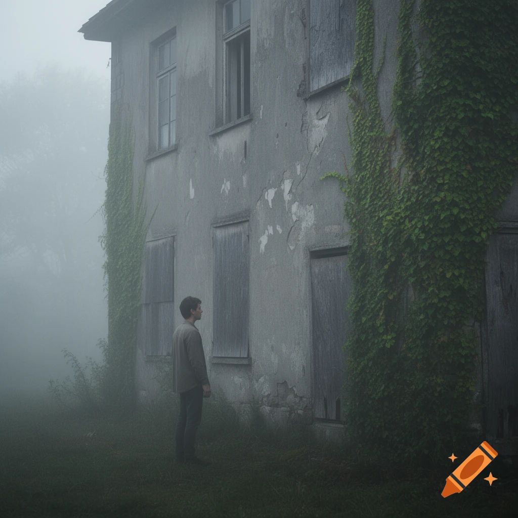 A man stands alone in a foggy landscape before a grey, ivy-covered abandoned building.