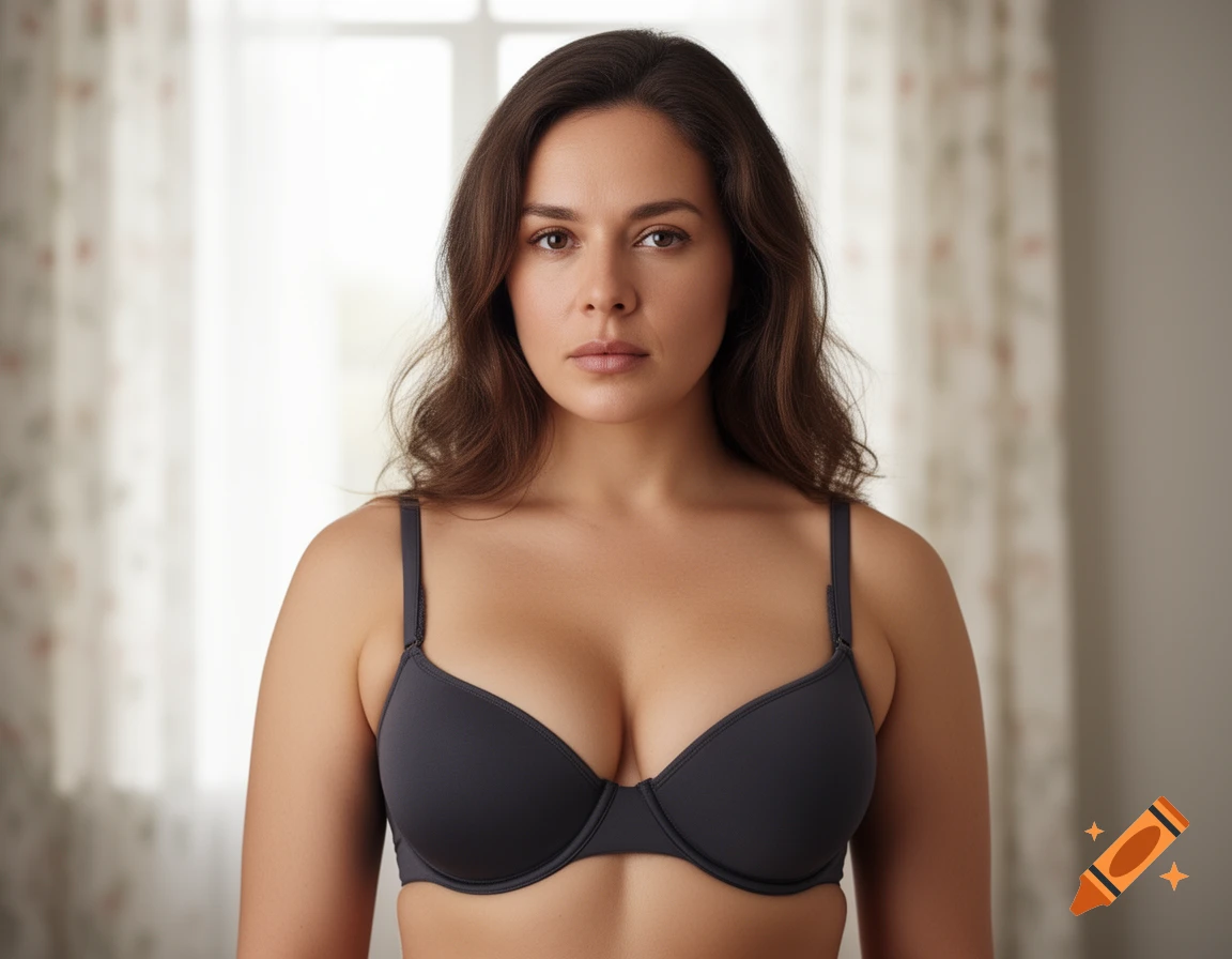A woman with dark hair wearing a dark gray bra, looking at the camera. Photorealistic.