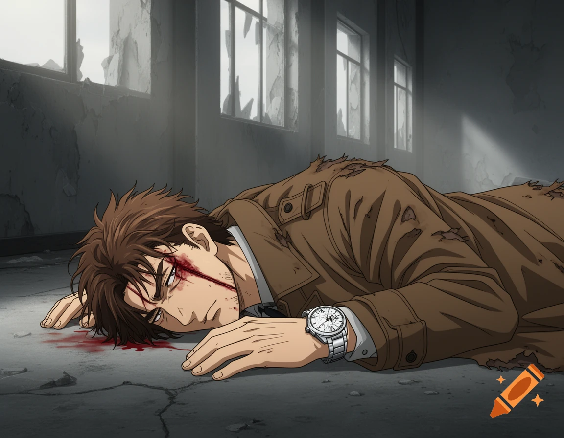 Anime man with a bleeding face lies injured on the cracked floor of a ruined building, wearing a brown coat.