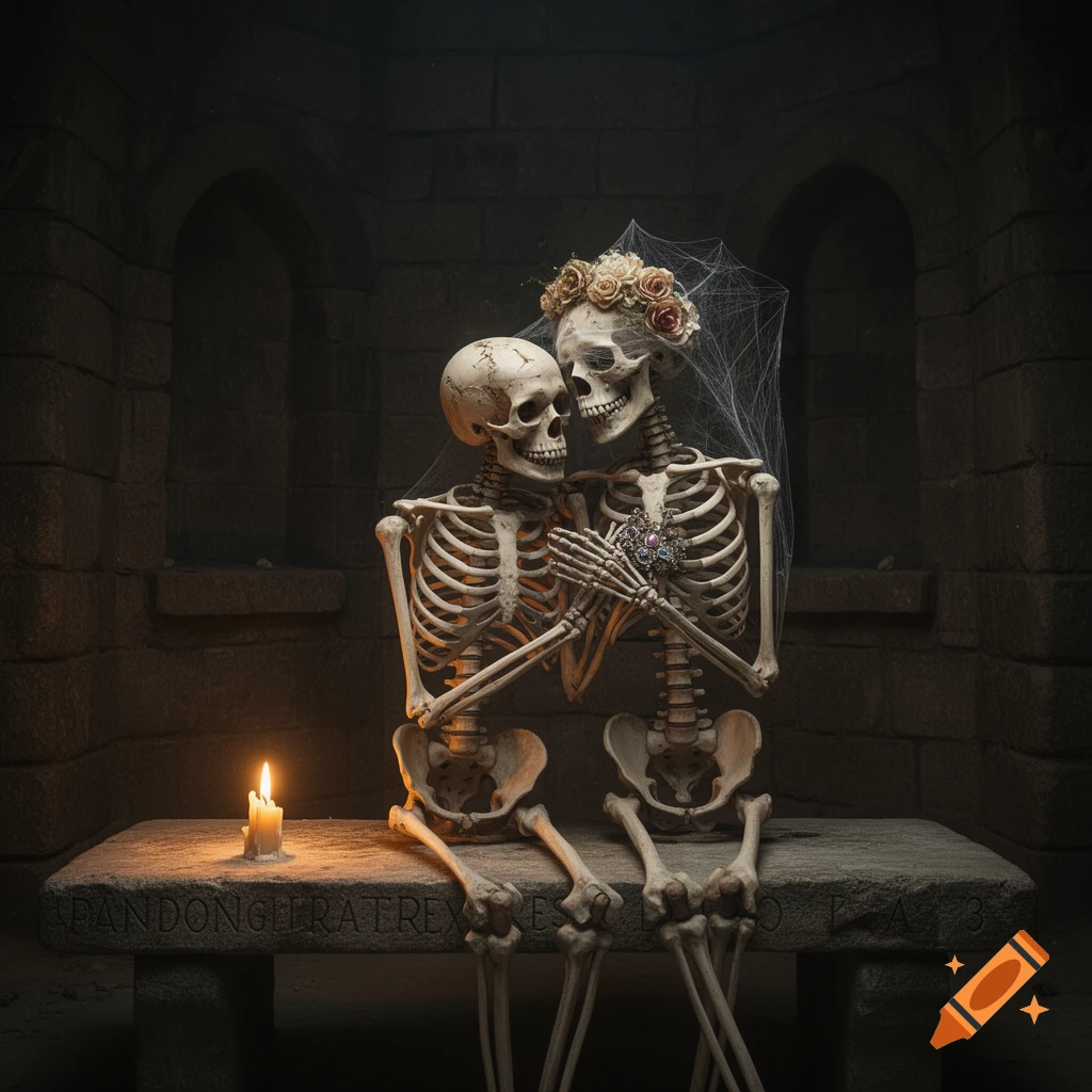 Two skeletons, one a bride with a floral crown and veil, embrace on a stone bench in a dark, candlelit crypt.