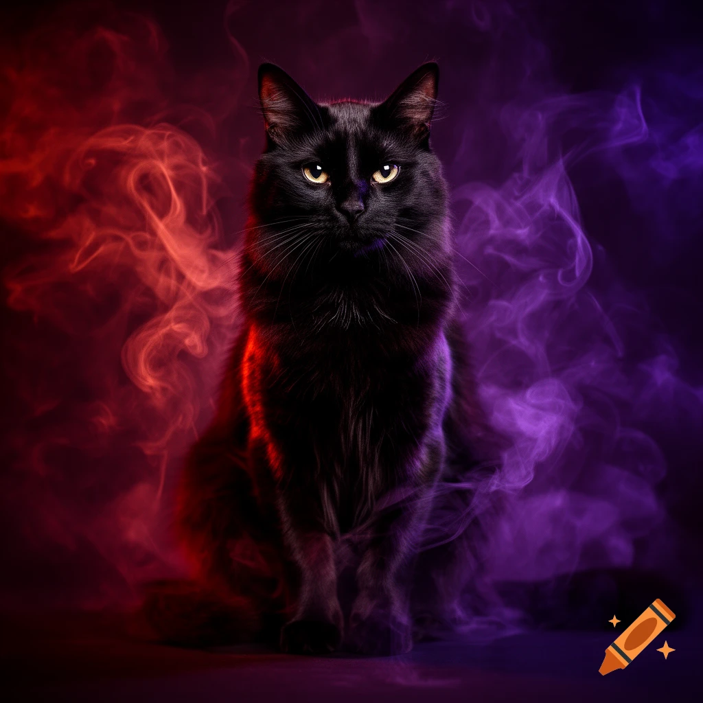A black cat with glowing yellow eyes sits amidst vibrant red and purple smoke on a dark background.