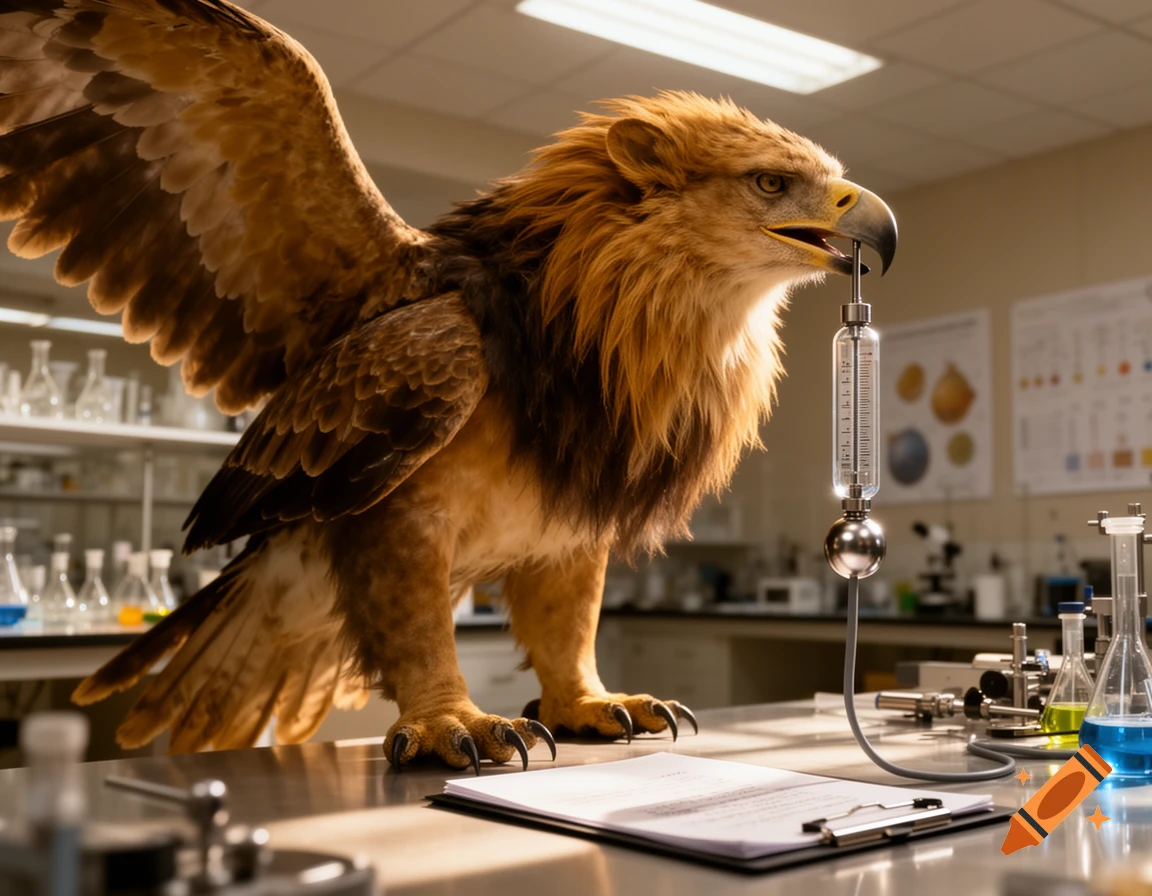 Photorealistic image of a majestic griffin or eagle-lion creature in a science laboratory, looking at a flow meter it holds in its beak.