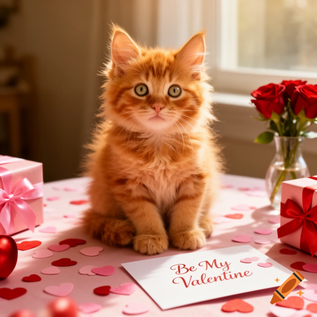 An orange fluffy kitten sits on a pink table with heart confetti, gifts, and a card reading 'Be My Valentine'.