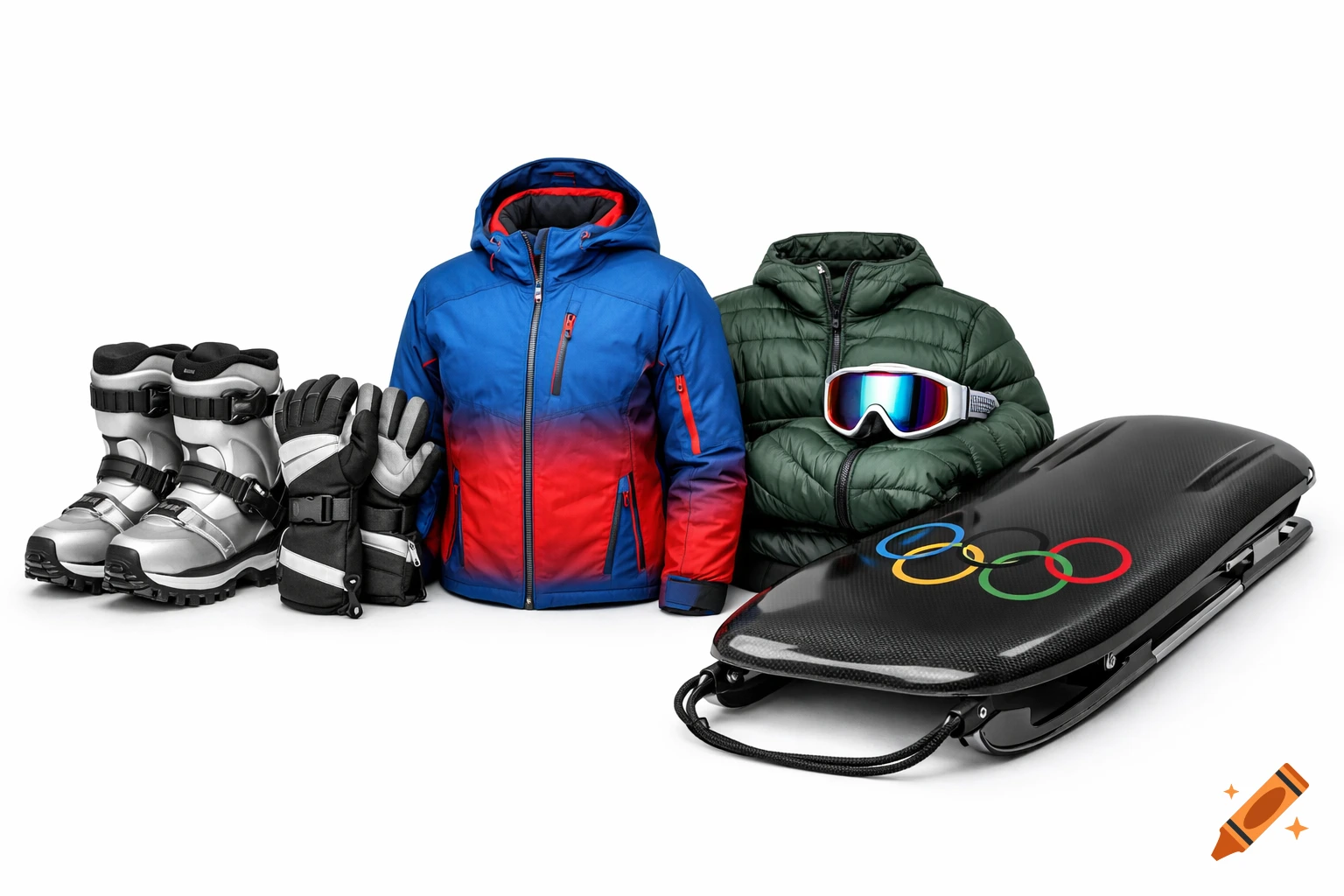 Winter sports gear: blue and red jacket, green puffer jacket, silver ski boots, black gloves, white ski goggles, and a black sled with the Olympic rings logo on a white background.