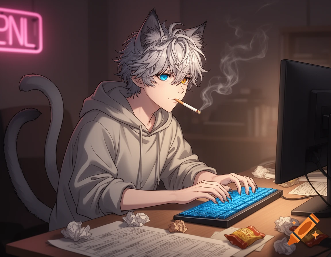 An anime catboy with white hair, blue and orange heterochromia, and a cigarette in his mouth, sits at a desk typing on a blue keyboard, with a neon sign in the background.