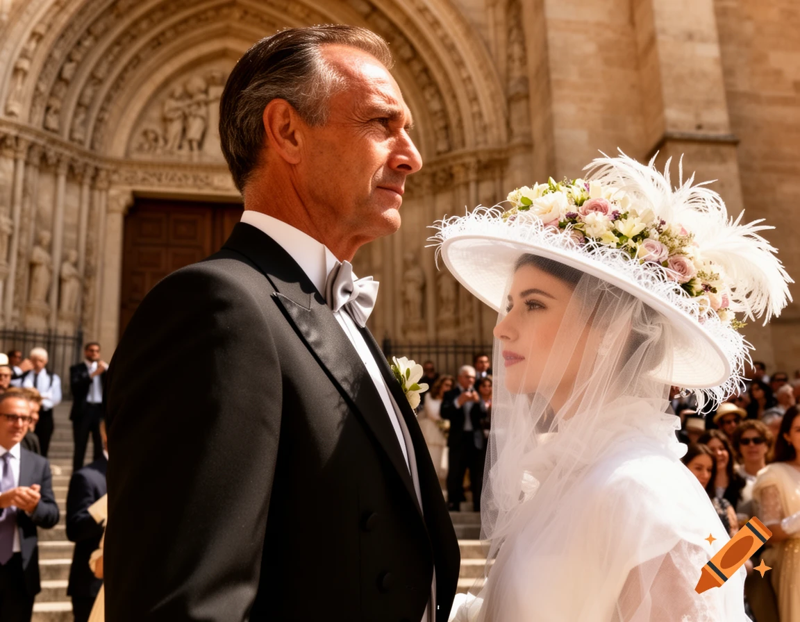 A man in a tuxedo and a woman in a wide, feathered wedding hat with a veil stand outside a grand church.